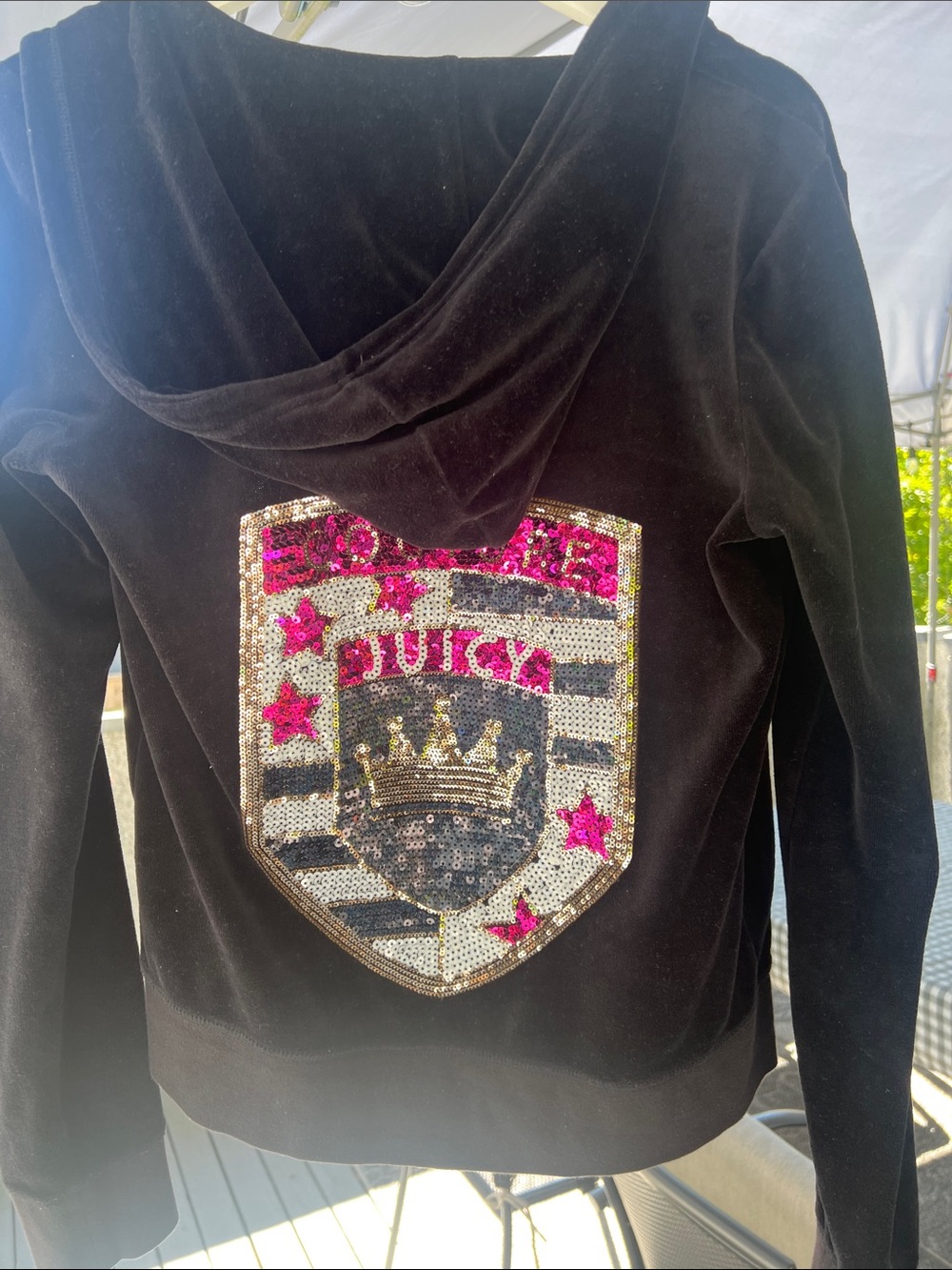 Juicy Couture Black Velour Hoodie with Pink & Gold Sequin Crest